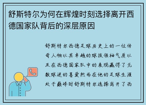 舒斯特尔为何在辉煌时刻选择离开西德国家队背后的深层原因