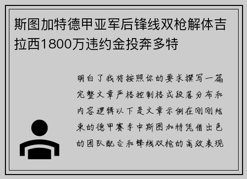 斯图加特德甲亚军后锋线双枪解体吉拉西1800万违约金投奔多特 斯图加特德甲亚军后锋线双枪解体吉拉西1800万违约金投奔多特